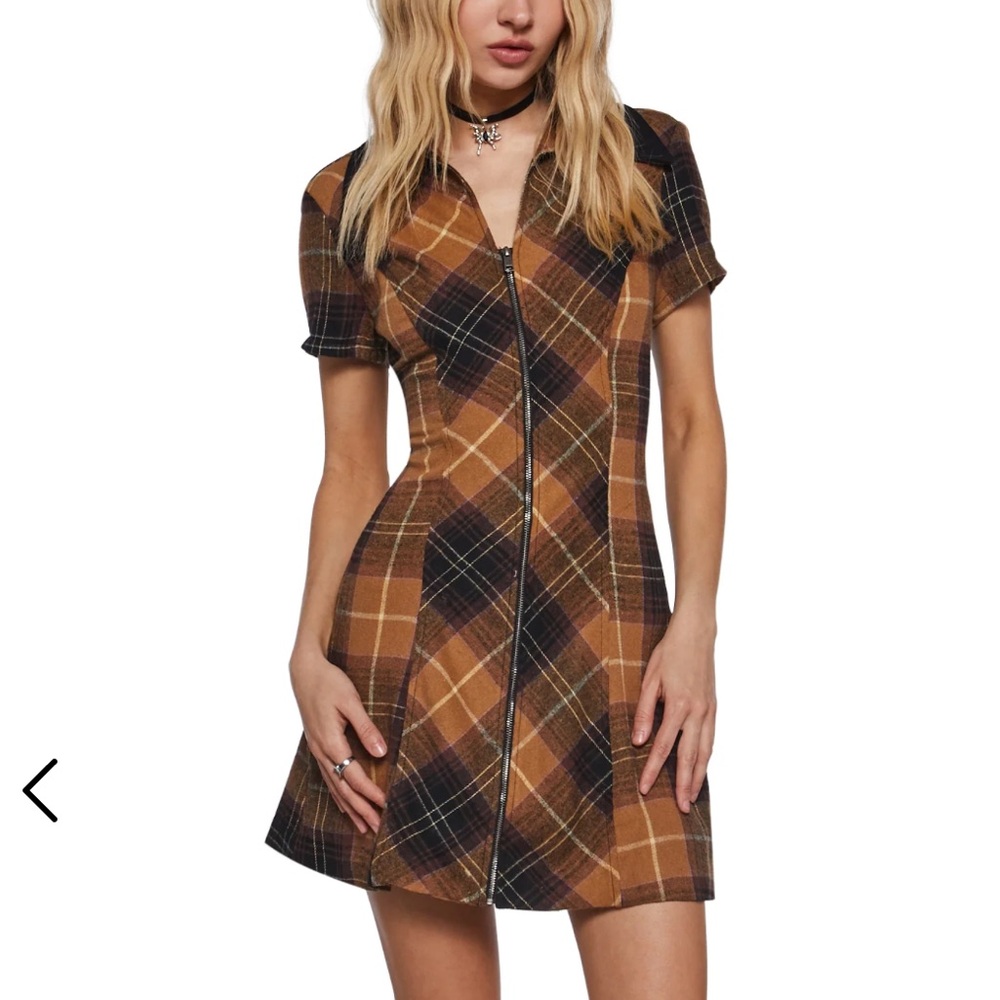 BNWT ALL HAIL ME PLAID MINI DRESS - BROWN size M - Picture 7 of 10